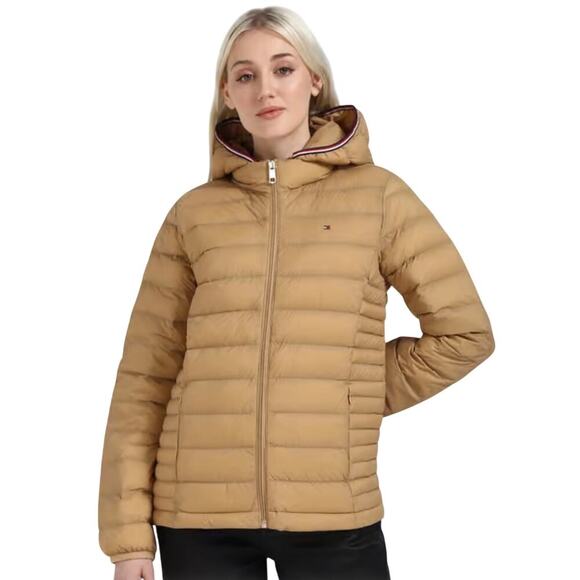 Tommy Hilfiger Jackets & Blazers - Tommy Hilfiger Lightweight Hooded Puffer Jacket Beige Tan Hood Striped Trim S